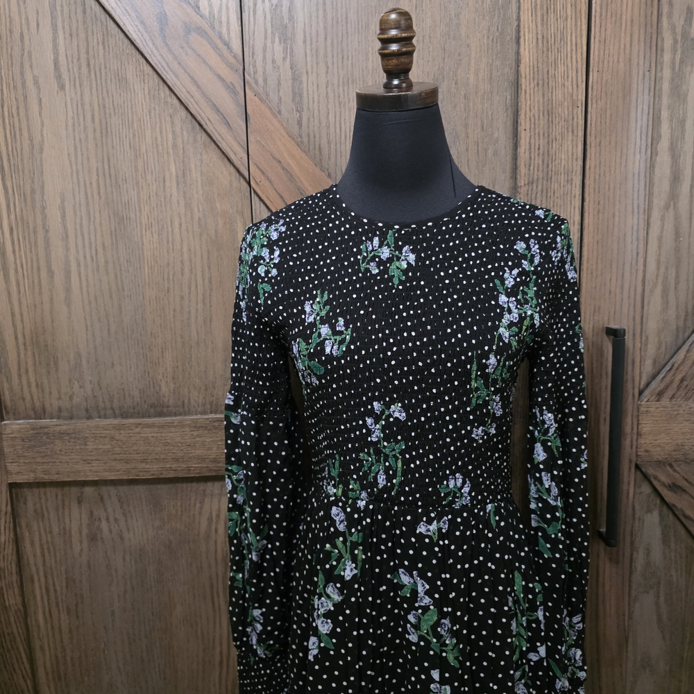 Ganni Black Polka Dot Maxi Dress with Green Floral Print - Picture 2 of 4